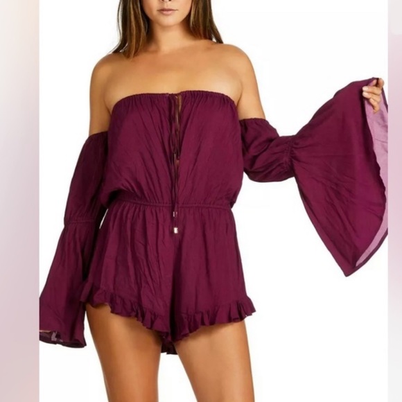 Radio Fiji Burgundy BOHO Off Shoulder Sokally Romper - Picture 4 of 13